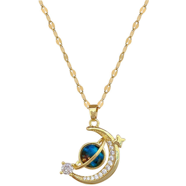 Dainty diamond moon star pendant stainless steel chain necklace