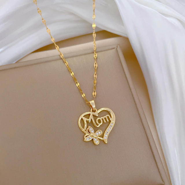 Diamond heart mom letter pendant stainless steel chain necklace