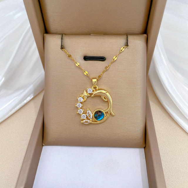 Dainty dolphin star circle pendant stainless steel chain necklace
