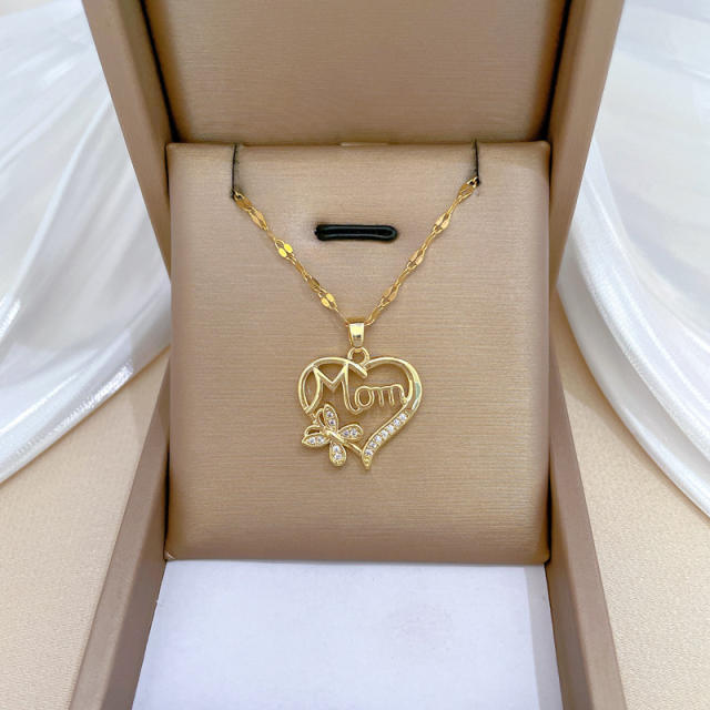 Diamond heart mom letter pendant stainless steel chain necklace