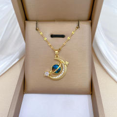 Dainty diamond moon star pendant stainless steel chain necklace