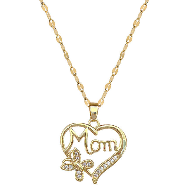Diamond heart mom letter pendant stainless steel chain necklace