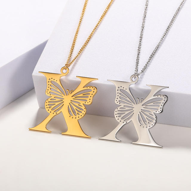 Hollow out butterfly infinity letter stainless steel necklace