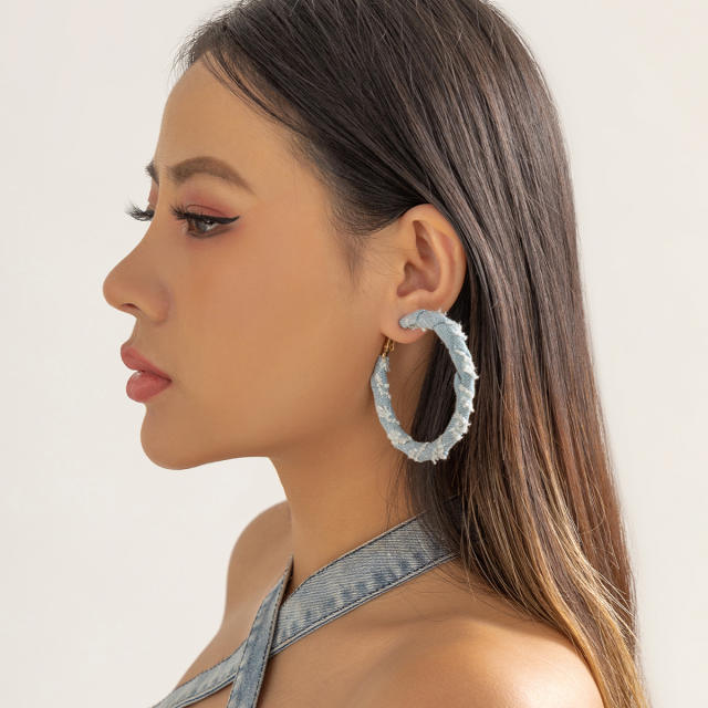 Vintage denim twisted geometric hoop large earrings