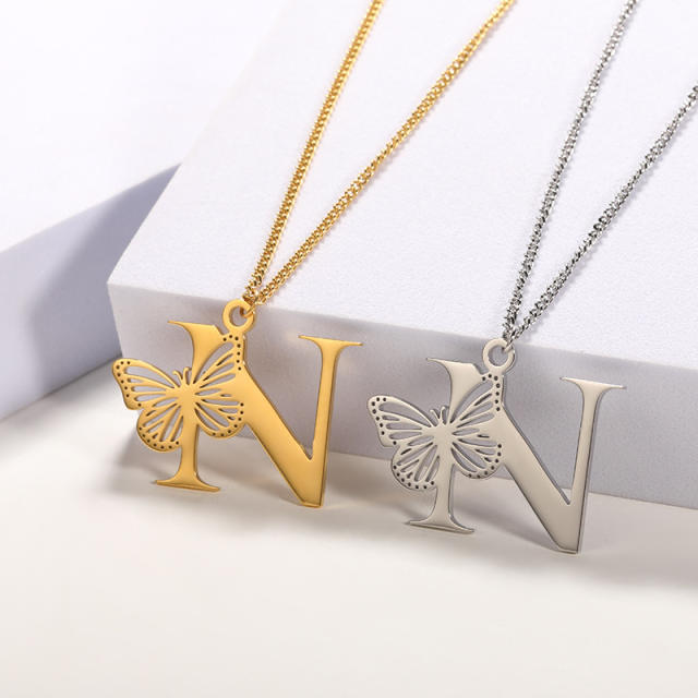 Hollow out butterfly infinity letter stainless steel necklace