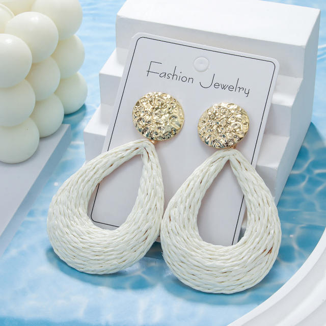 Boho colorful straw hollow out drop earrings for summer
