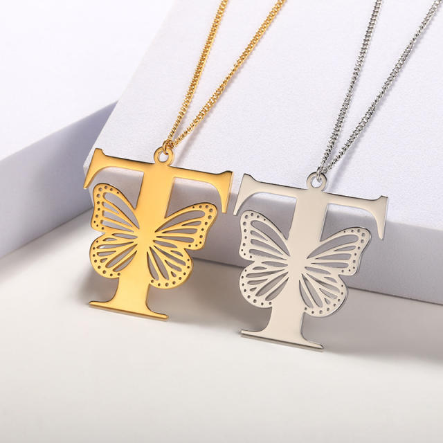 Hollow out butterfly infinity letter stainless steel necklace