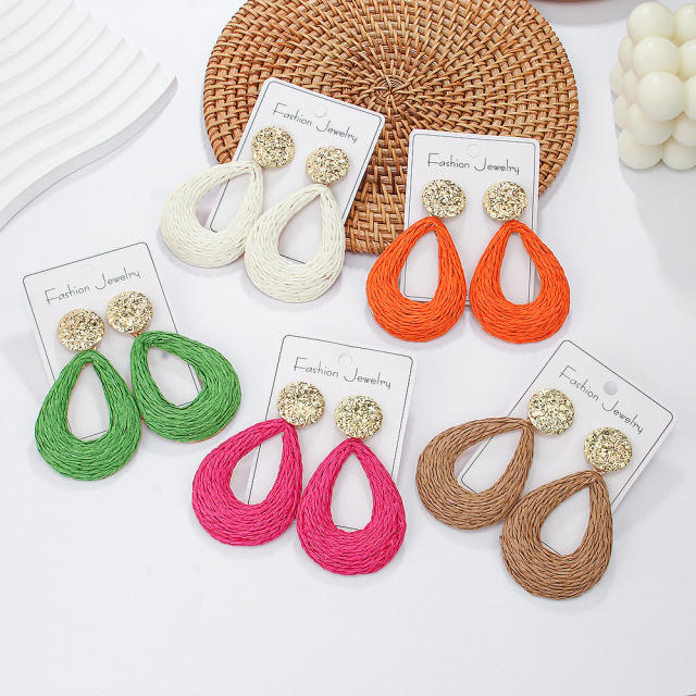 Boho colorful straw hollow out drop earrings for summer