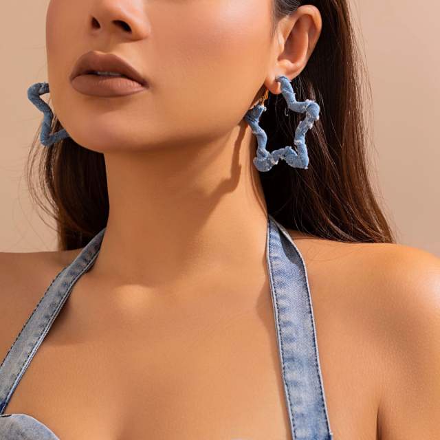 Vintage denim twisted geometric hoop large earrings