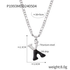 Hiphop black white enamel bubble initial letter figaro chain stainless steel necklace