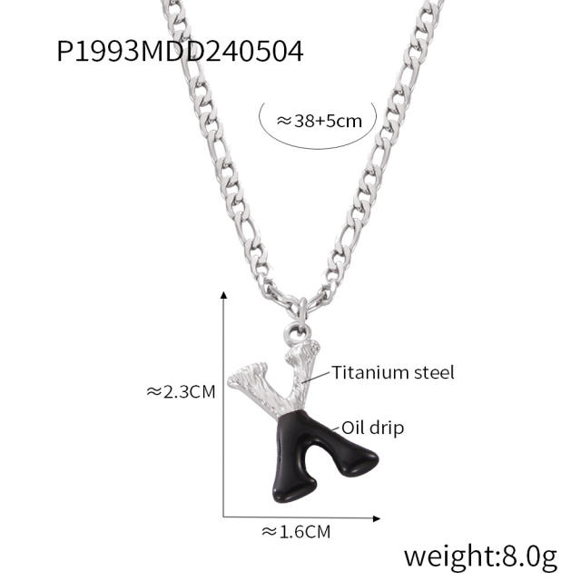 Hiphop black white enamel bubble initial letter figaro chain stainless steel necklace