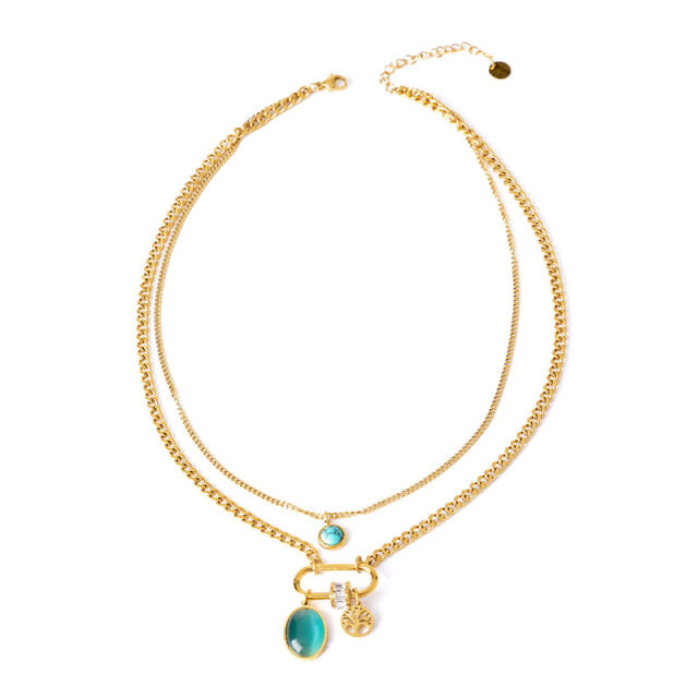 Boho two layer turquoise bead paperclip pendant stainless steel necklace