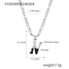 Hiphop black white enamel bubble initial letter figaro chain stainless steel necklace