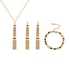 Vintage black agate bead tassel stainless steel necklace set