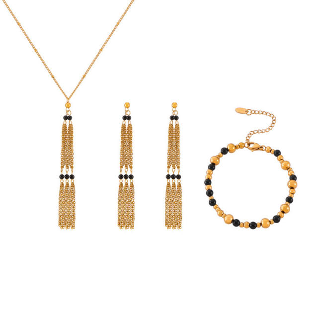 Vintage black agate bead tassel stainless steel necklace set