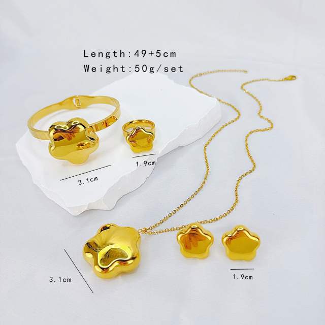 Chunky hollow heart stainless steel necklace earrings bangle set