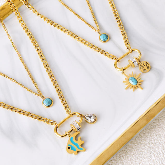 Boho two layer turquoise bead paperclip pendant stainless steel necklace