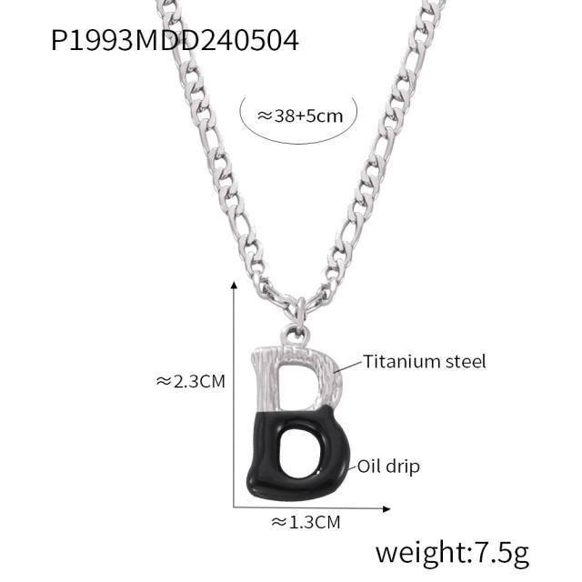 Hiphop black white enamel bubble initial letter figaro chain stainless steel necklace