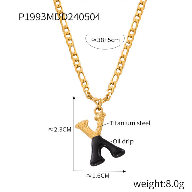 Hiphop black white enamel bubble initial letter figaro chain stainless steel necklace