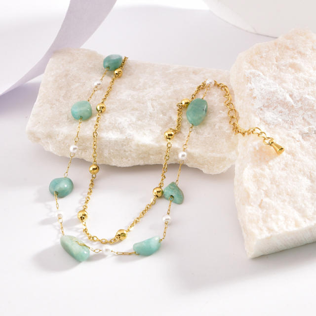 Boho colorful natural stone two layer stainless steel anklet