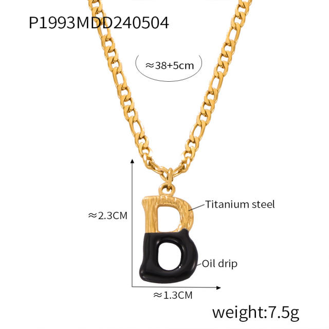 Hiphop black white enamel bubble initial letter figaro chain stainless steel necklace