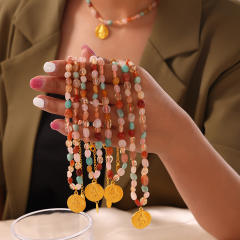 Boho colorful agate stone coin pendant stainless steel necklace