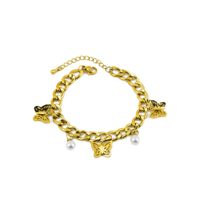 HIPHOP hollow out butterfly charm stainless steel cuban link chain bracelet