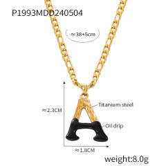Hiphop black white enamel bubble initial letter figaro chain stainless steel necklace