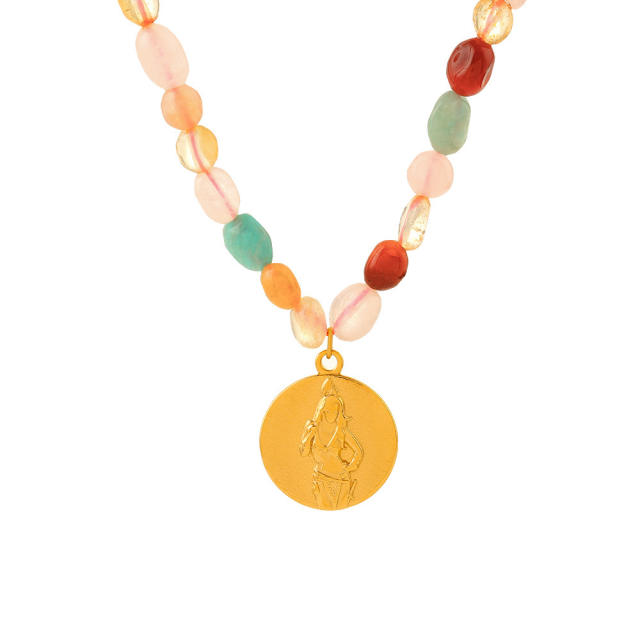 Boho colorful agate stone coin pendant stainless steel necklace