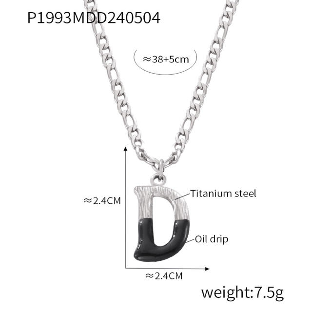 Hiphop black white enamel bubble initial letter figaro chain stainless steel necklace