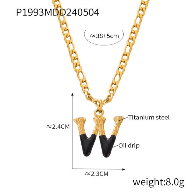 Hiphop black white enamel bubble initial letter figaro chain stainless steel necklace
