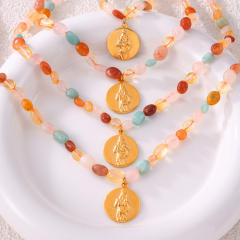 Boho colorful agate stone coin pendant stainless steel necklace