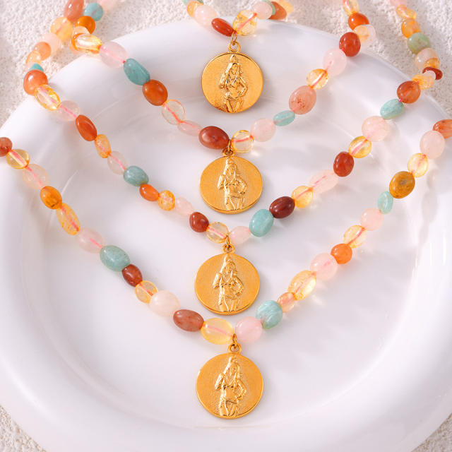 Boho colorful agate stone coin pendant stainless steel necklace