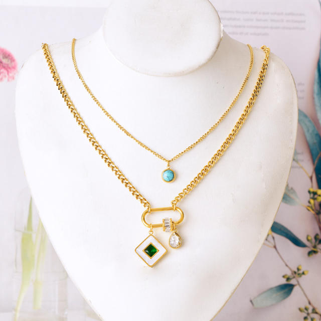 Boho two layer turquoise bead paperclip pendant stainless steel necklace