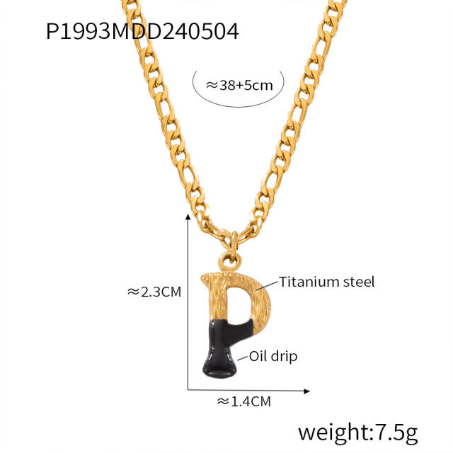 Hiphop black white enamel bubble initial letter figaro chain stainless steel necklace