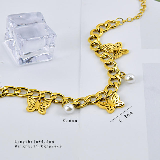 HIPHOP hollow out butterfly charm stainless steel cuban link chain bracelet