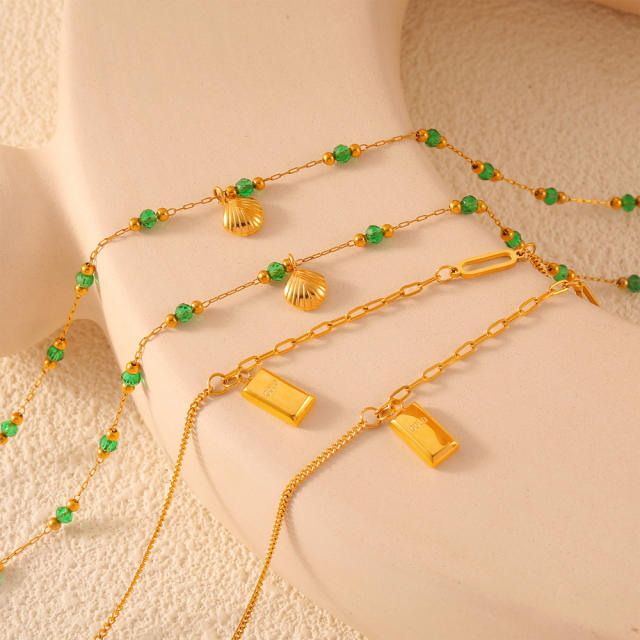 Korean fashion fresh green color bead shell charm stainless steel anklet