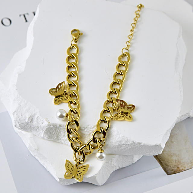 HIPHOP hollow out butterfly charm stainless steel cuban link chain bracelet