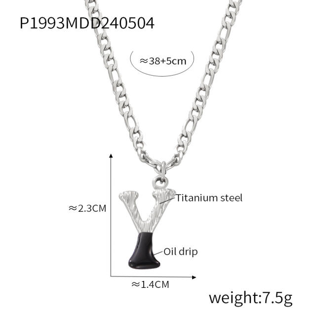 Hiphop black white enamel bubble initial letter figaro chain stainless steel necklace