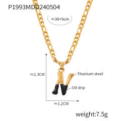 Hiphop black white enamel bubble initial letter figaro chain stainless steel necklace