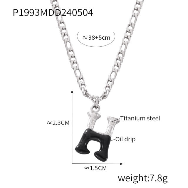 Hiphop black white enamel bubble initial letter figaro chain stainless steel necklace