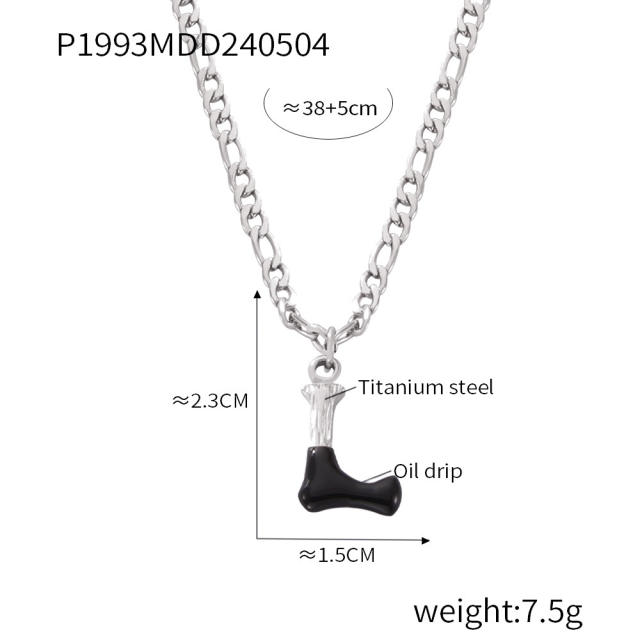Hiphop black white enamel bubble initial letter figaro chain stainless steel necklace