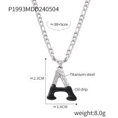 Hiphop black white enamel bubble initial letter figaro chain stainless steel necklace