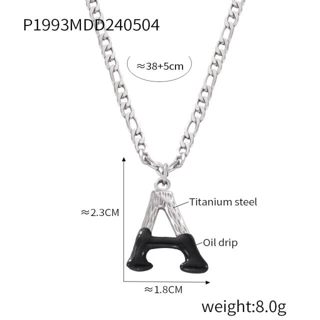 Hiphop black white enamel bubble initial letter figaro chain stainless steel necklace