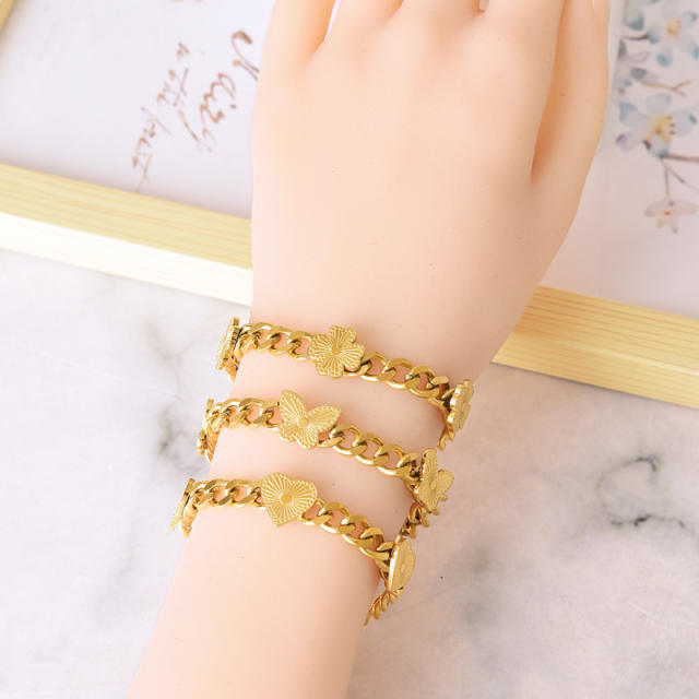 HIPHOP butterfly heart cuban link chain stainless steel bracelet