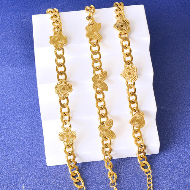 HIPHOP butterfly heart cuban link chain stainless steel bracelet