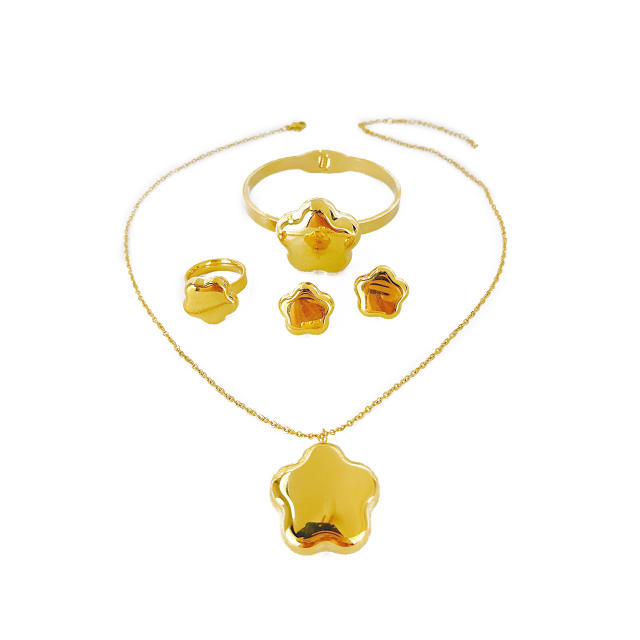 Chunky hollow heart stainless steel necklace earrings bangle set