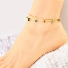 Boho colorful natural stone two layer stainless steel anklet