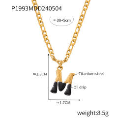 Hiphop black white enamel bubble initial letter figaro chain stainless steel necklace