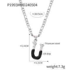 Hiphop black white enamel bubble initial letter figaro chain stainless steel necklace
